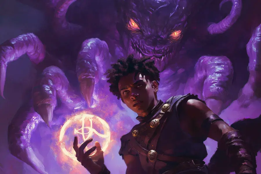 A warlock holds a glowing symbol, standing in front of a menacing purple creature with bright orange eyes. The mood is tense and mystical.