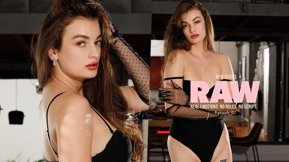 Shining Moons posing in black styling and sheer gloves inside a stylish loft for Erotichna RAW Series Episode 02, captured by David Ekmekci.