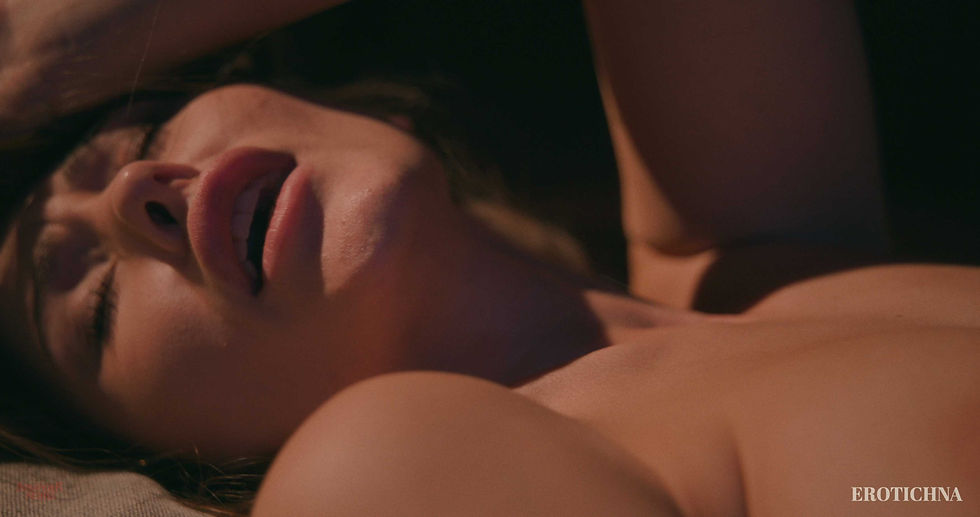 miko in a dark neon-lit bedroom, her silhouette glowing in blue and purple tones as she poses sensually on the bed, reflecting the mysterious and seductive mood of the Stranger Nights series.