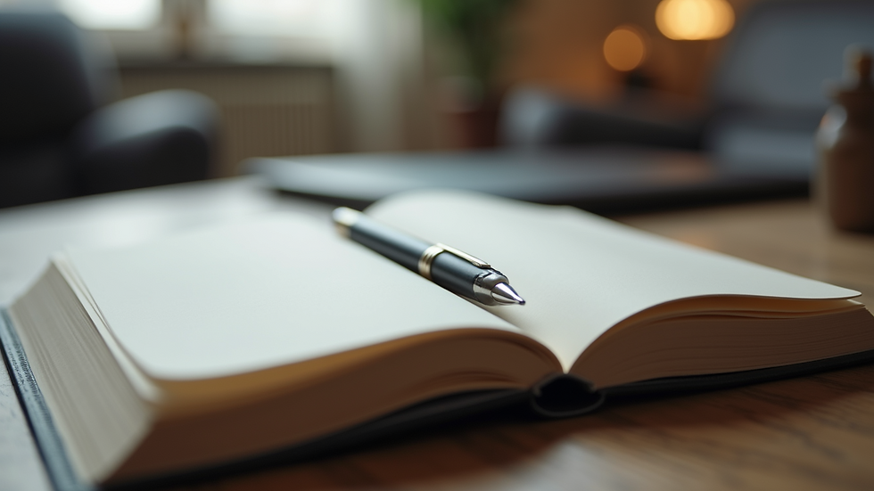 Close-up view of an open notebook with a pen resting on it