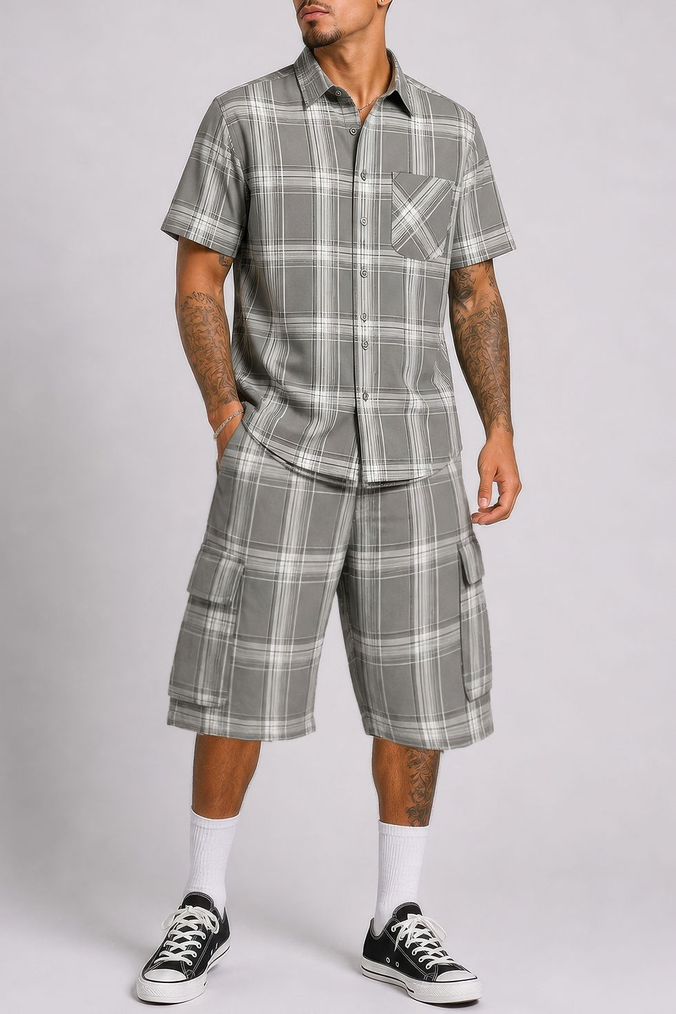 Thumbnail: Mens Checkered Shirt And Cargo Shorts Set 