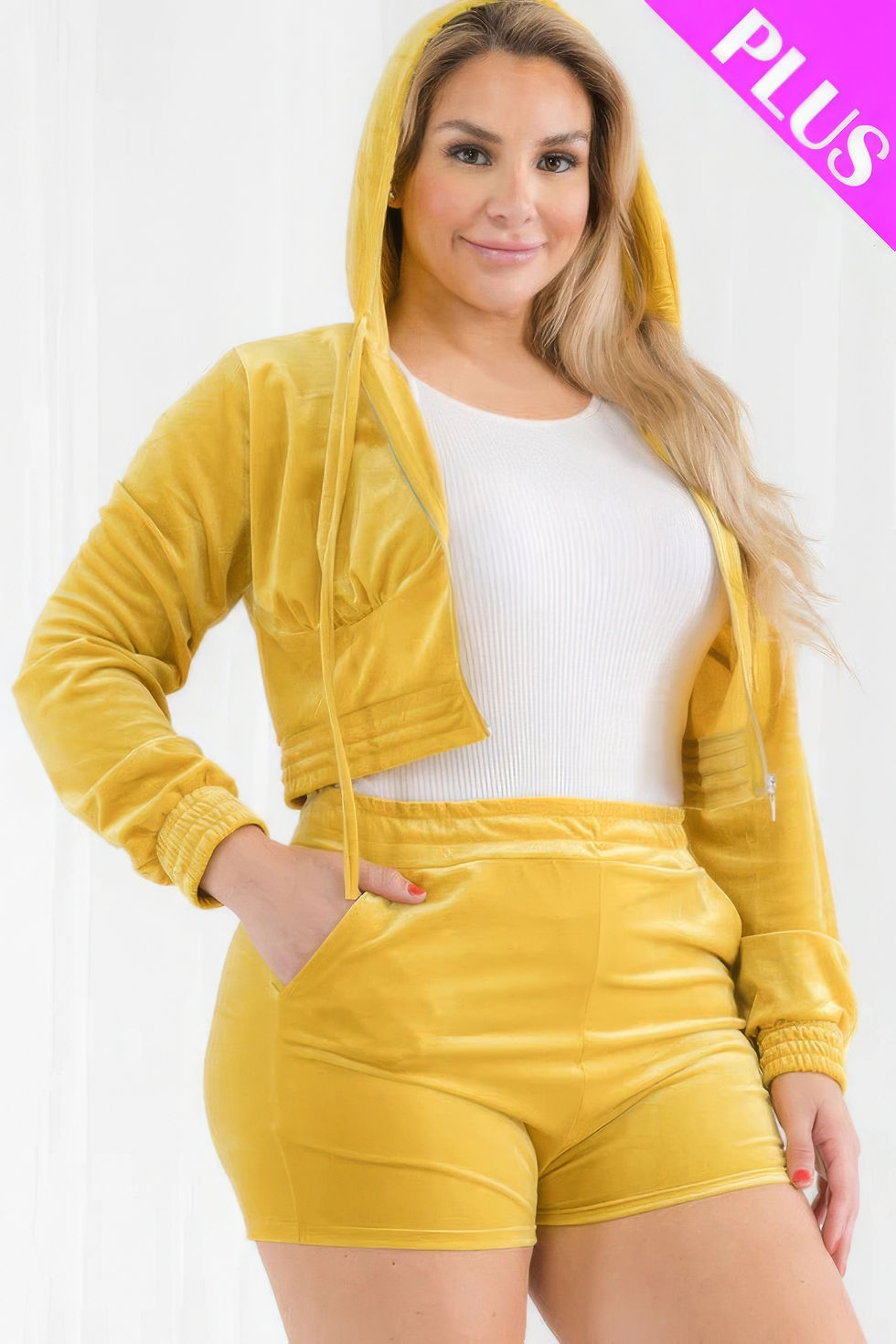 Thumbnail: Plus Size Velour Crop Zip Up Hoodie And Shorts Set