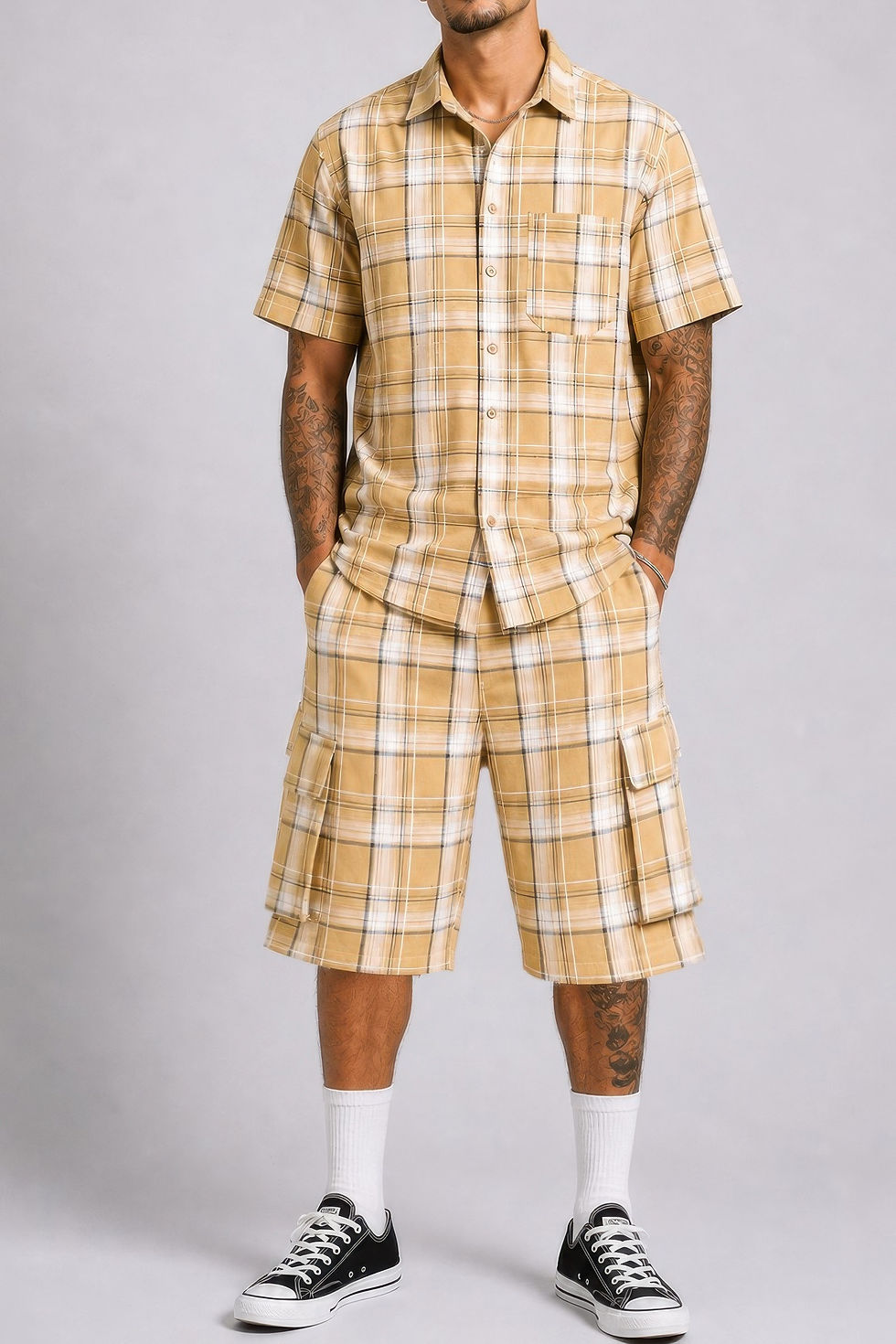 Thumbnail: Mens Checkered Shirt And Cargo Shorts Set 
