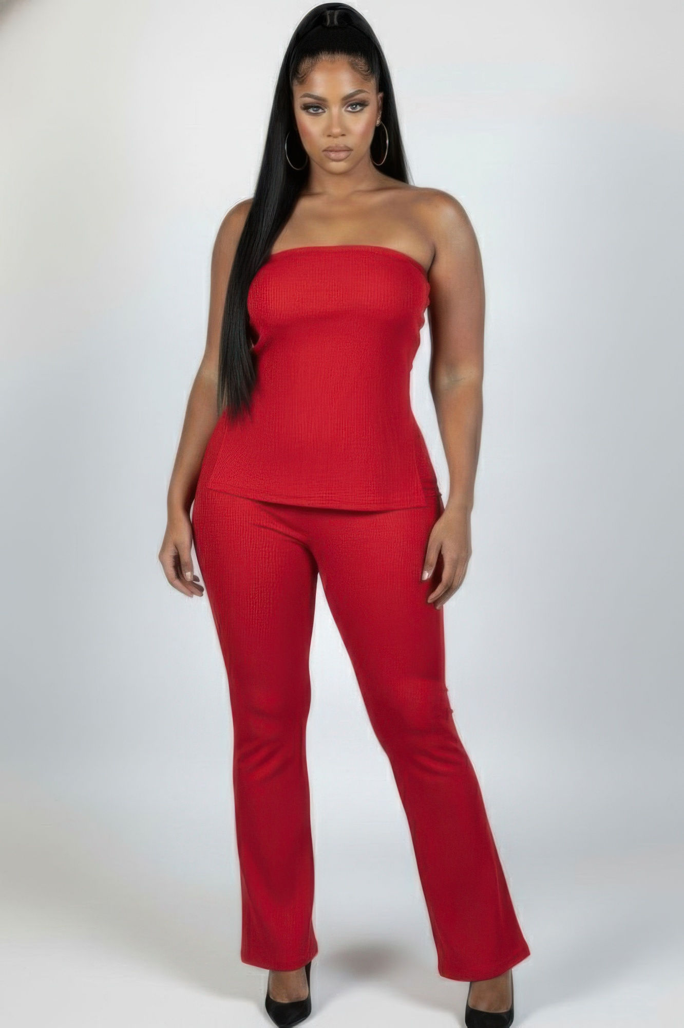 Plus Size Ultra-fine Ribbed Slit Tube Top & High-waist Flare Pants Set
