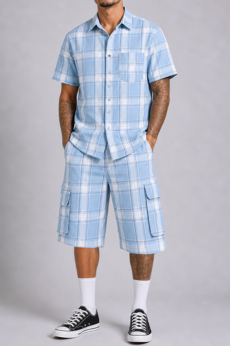 Thumbnail: Mens Checkered Shirt And Cargo Shorts Set 