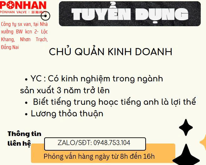 Công ty sản xuất van tại KCN Nhơn Trạch 2 Lộc Khang Đồng Nai tuyển dụng