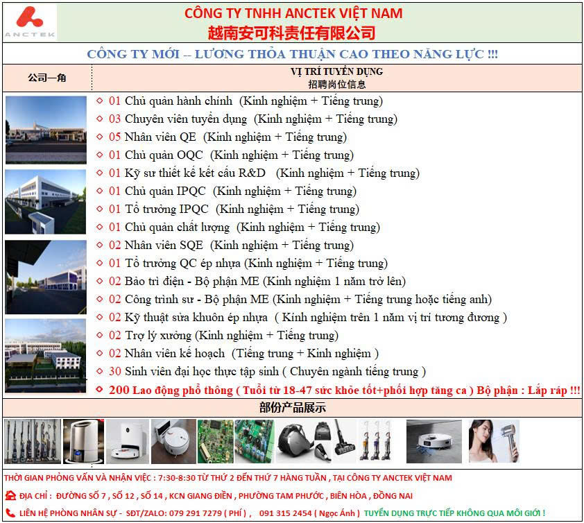 Công ty TNHH ANCTEK Việt Nam – KCN Giang Điền, Biên Hòa, Đồng Nai tuyển dụng