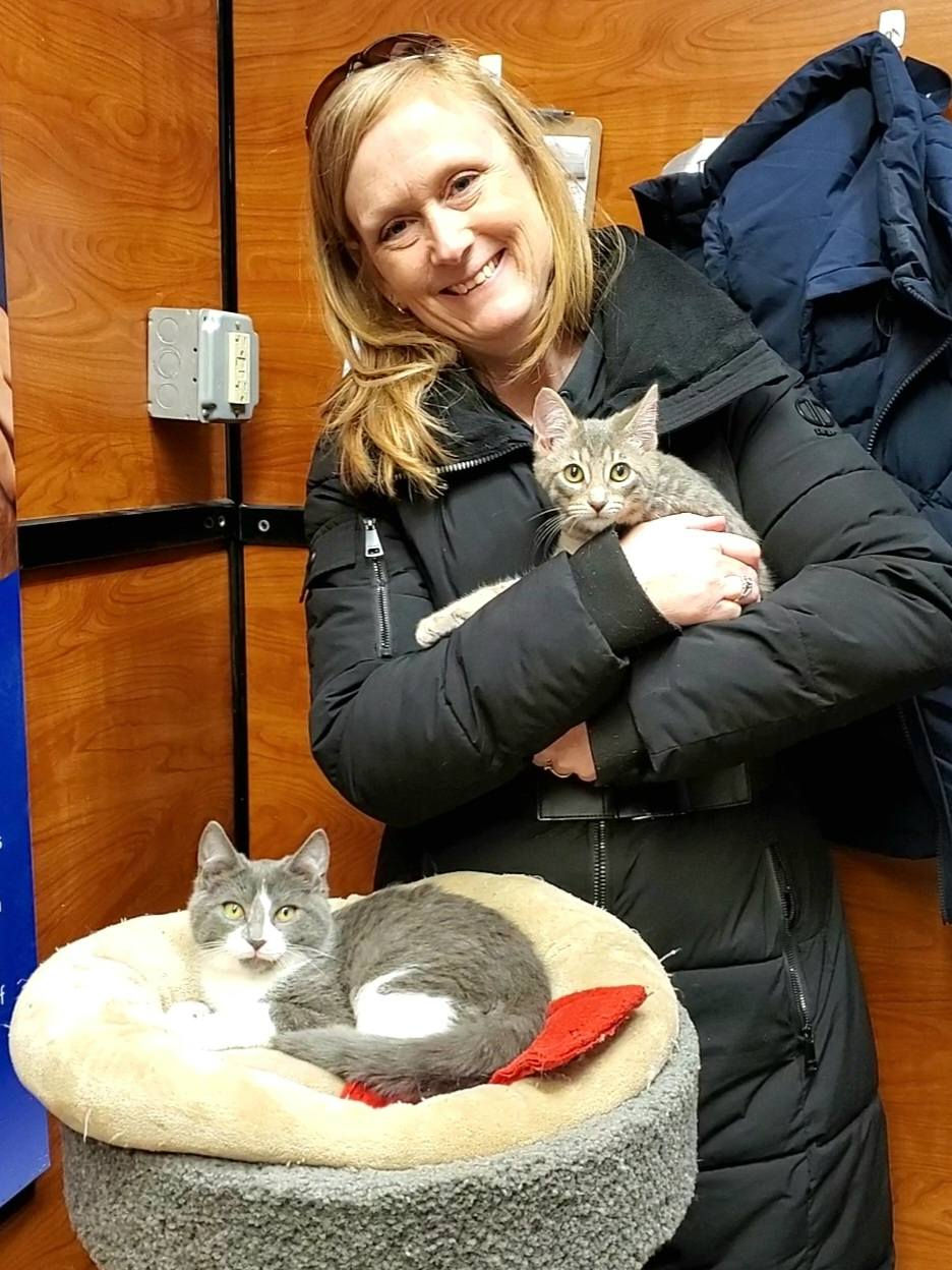 Smiling woman in black coat holding a tabby kitten, with a gray and white cat in a cozy bed nearby. Wood-paneled background and coats hanging.