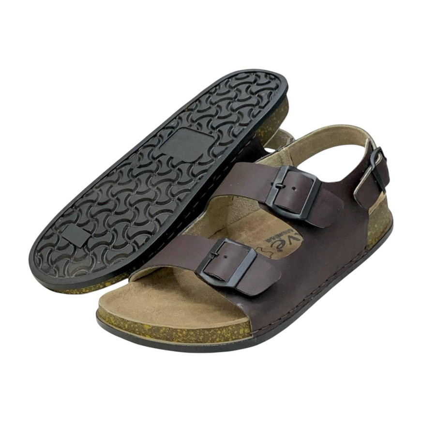 Brown Alive double-strap leather sandals with back buckle, suede insole, and cork bottom for comfort and style.