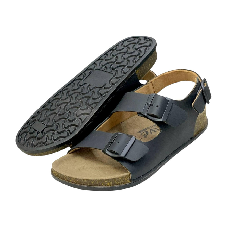 Black Alive double-strap leather sandals with back buckle, suede insole, and cork bottom for comfort and style.
