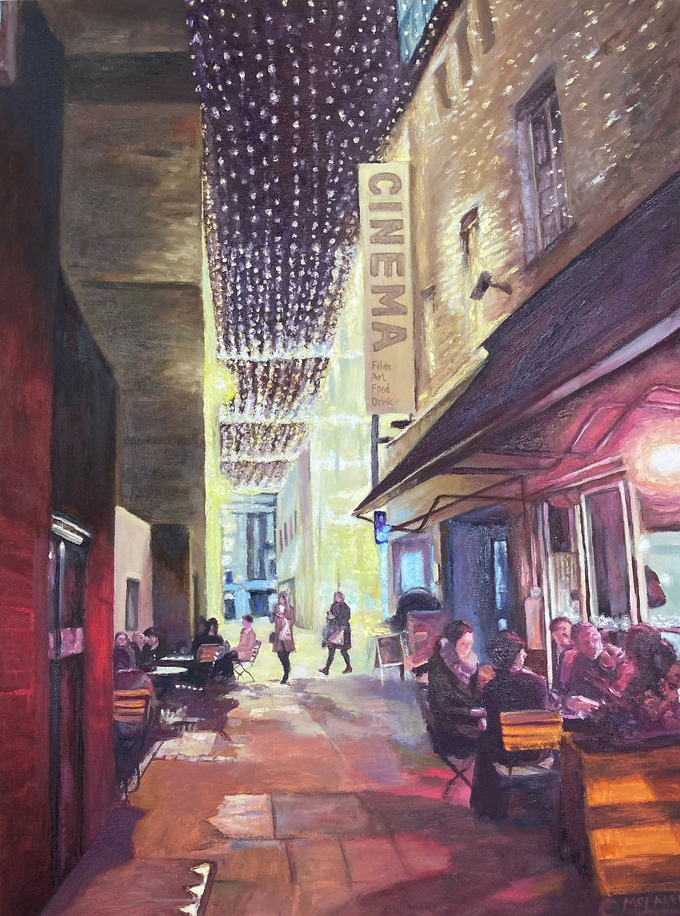 Tyneside Cinema sign and cafe crowds with string lights; Lindsey McLaren