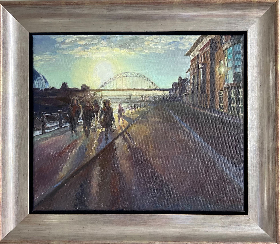Painting of people walking near a bridge during sunset on a wet street