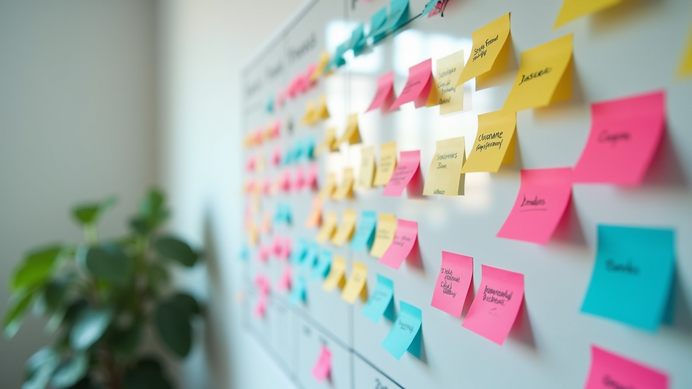 Eye-level view of a whiteboard with colorful sticky notes outlining a change management plan