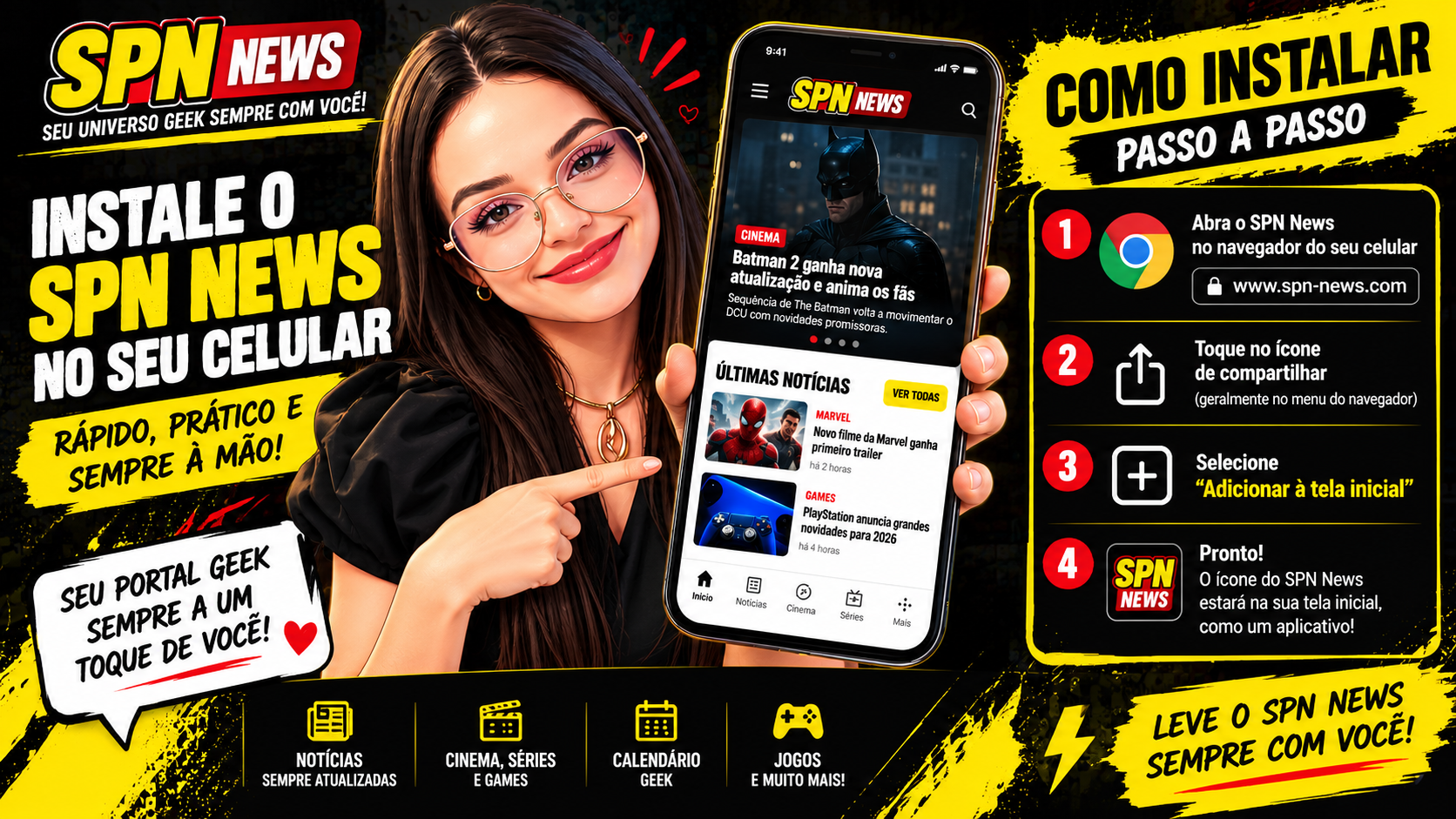 Ruby Dias ensina como adicionar o SPN News à tela inicial do celular: abra o site, use o menu do navegador e escolha Adicionar à tela inicial