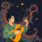 Person playing a yellow guitar with intricate swirls and celestial patterns in the background. Calm expression, night sky ambiance.