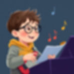 Boy with glasses playing red guitar, reading music sheet. Colorful notes float around. Wears gray hoodie with yellow lining. Background is blue.