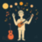 A person holds a guitar, surrounded by colorful musical notes and circles on a dark background, radiating a joyful, musical vibe.