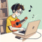 Person with headphones and glasses plays a red ukulele and types on a laptop. Musical notes float. Background has books on a shelf.