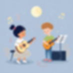 Children play guitars under a moonlit sky, surrounded by musical notes. One reads a music sheet. The setting is cheerful and whimsical.
