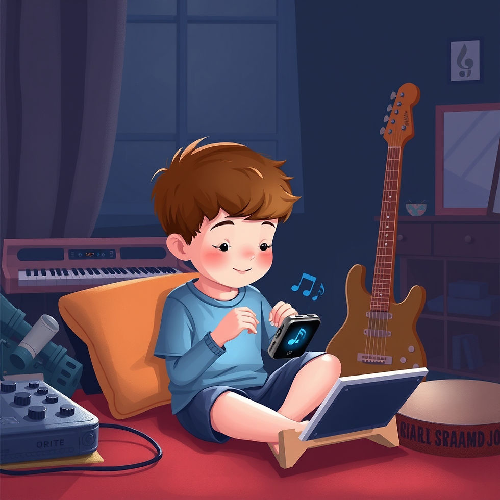 A boy in a cozy room, sitting on a bed, uses a smartphone with a music note app. Nearby are a guitar, keyboard, and telescope.