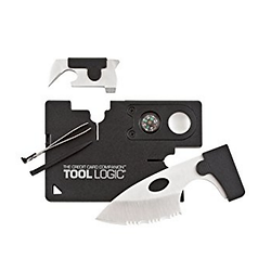 SOG Credit Card Companion with Lens/Compass ToolLogic CC1SB - 9 Tools, Black, 2" Blade - Ultra-compact multi-tool in shape of credit card Just 2.125" thick and 3.375" long, weighing only 1.4 ounces Made from durable ABS plastic Please remove the knife from the tool for compass to work as the metal can interfere with the compass. Credit card holder with (9) essential tools for every day jobs 2-inch serrated edge steel blade cuts through tough materials with ease Removable blade, tweezers, toothpick and opener. Please remove the knife from the tool for compass to work as the metal can interfere with the compass. 3.375-inches by 2.125-inches and weighs 1.4-ounces Comes with a limited lifetime warranty
