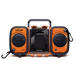 ECOXGEAR Rugged and Waterproof Stereo Boombox GDI-AQ2SI60 - Play and store your iPhone, Android phone, or any mp3 player inside the 100% waterproof (not just water resistant) stereo Boombox. Take it to the Beach, by the pool, boating or camping and enjoy your music with no worries. The Eco Terra is not only Waterproof and rugged but is convenient to carry and store as well. There is a built in retractable handle, carry strap as well as 2 carabineers to use in any of the 4 strapping points Jam to your music with your friends via the dual waterproof speakers or plug in any earbuds or headphones into the 100% waterproof headset jack and enjoy your music in privacy (The Eco Terra even floats!) The Eco Terra can be powered by the included AC power adapter or optional 8 AA batteries (not included) for play of over 25 hours. You can also use rechargeable batteries but it will not charge the batteries The center compartment has enough room for the largest Android phone (even with a case on it)