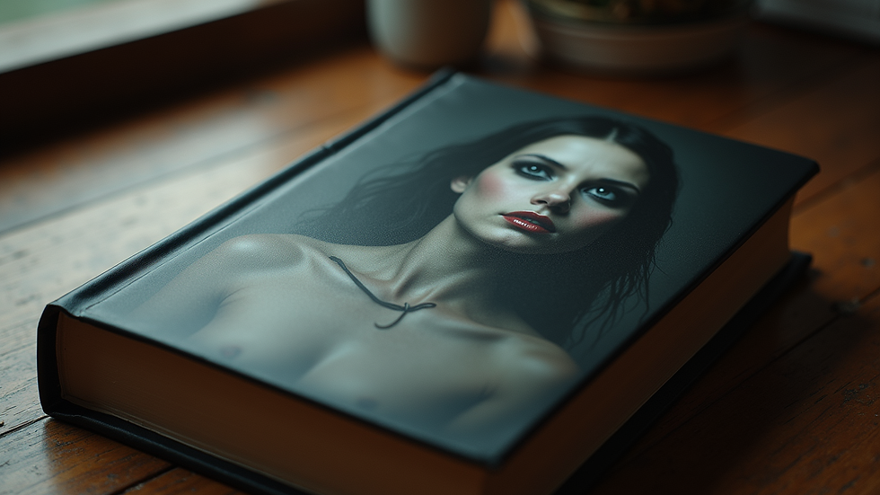 Eye-level view of a book cover featuring a haunting image of a woman