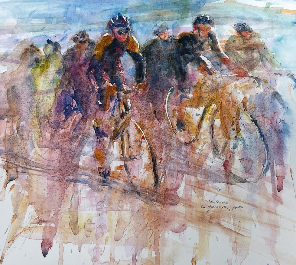 a watercolor painting of a group of people riding bicycles