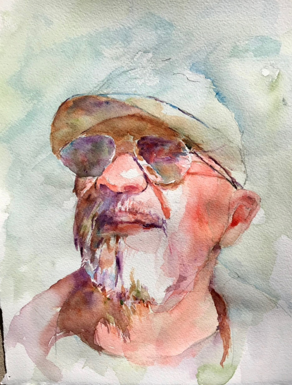 a painting of a man wearing sunglasses and a hat