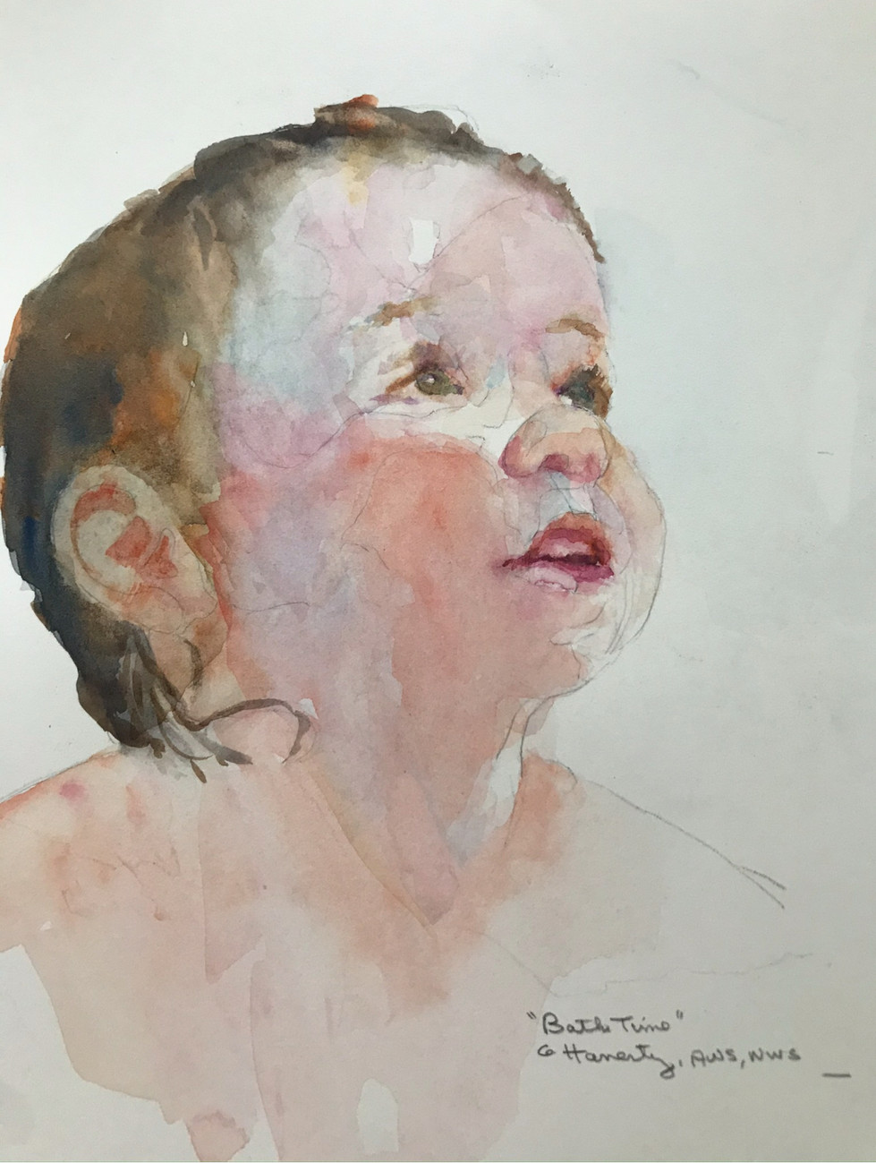 a watercolor painting of a baby looking up