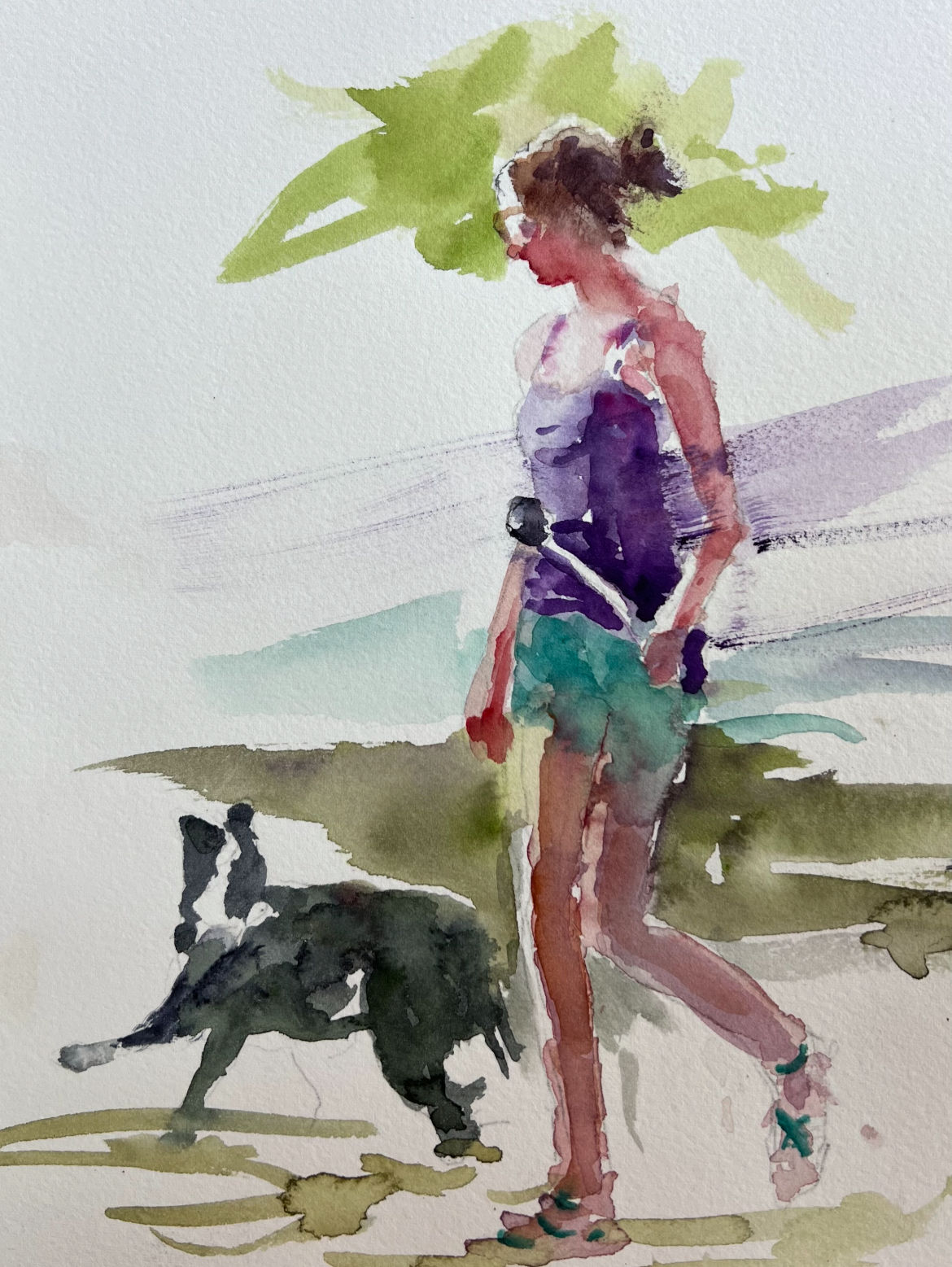 a watercolor painting of a woman walking a dog