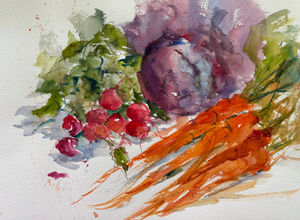 a watercolor painting of carrots radishes and a beet