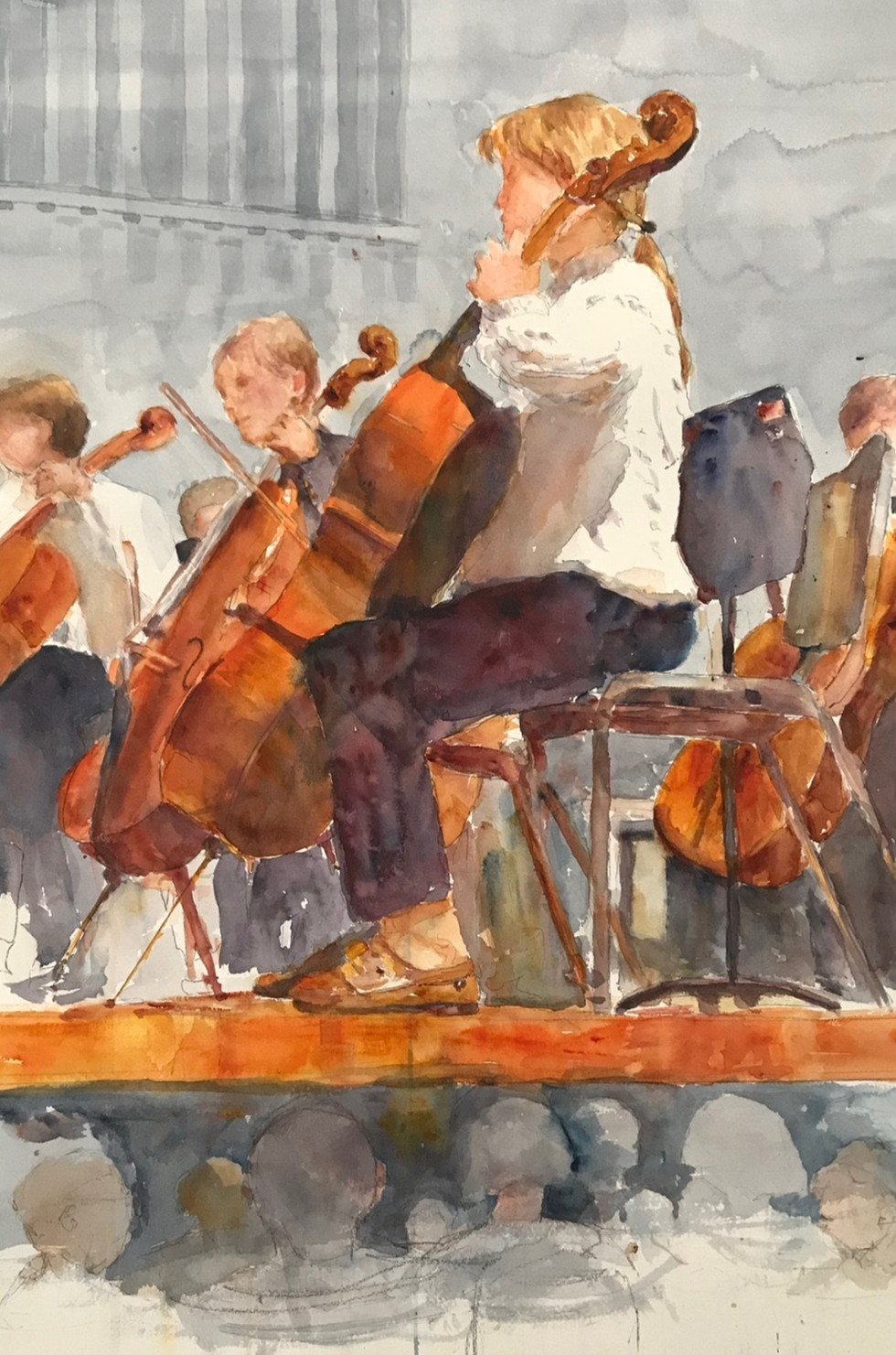 a watercolor painting of a cello player in an orchestra