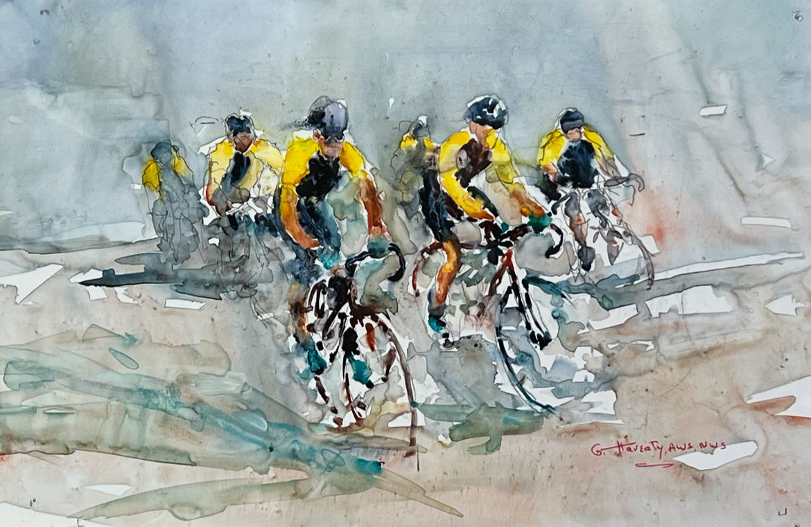 a watercolor painting of a group of people riding bicycles