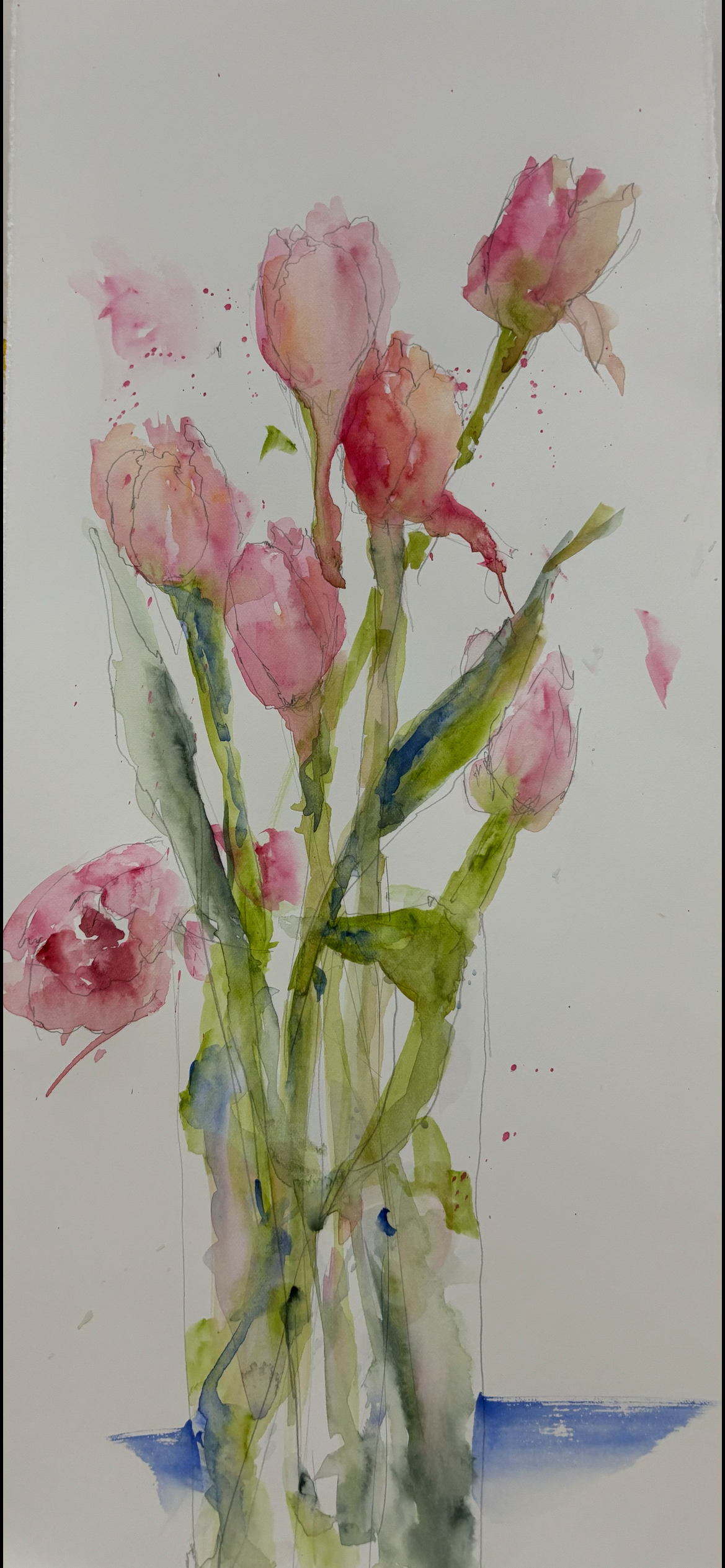 a watercolor painting of pink flowers with green stems