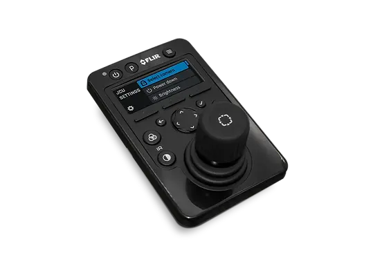 Side view front view of the controller FLIR JCU-4, with the display, the buttons and the joystick.