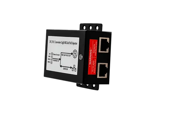 Side view of the power injector PoE A80811 with the ports Ethernet.