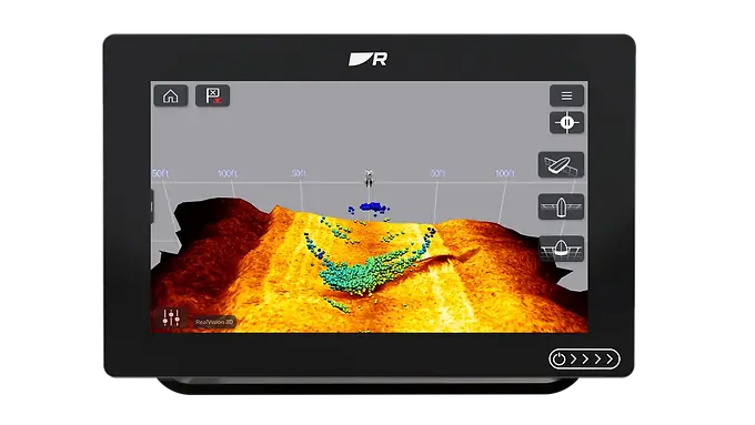 Raymarine Axiom+ 9 RV — Front view of the display with an example of RealVision 3D