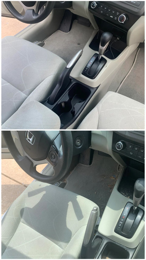 A very dirty fabric back seat of a sedan fully detailed, cleaned, and steam sanitized by Brookside Mobile Detail in St. Louis.