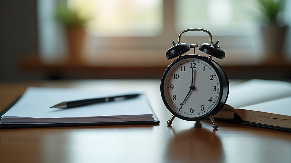 Close-up view of a timer and notebook on a study desk