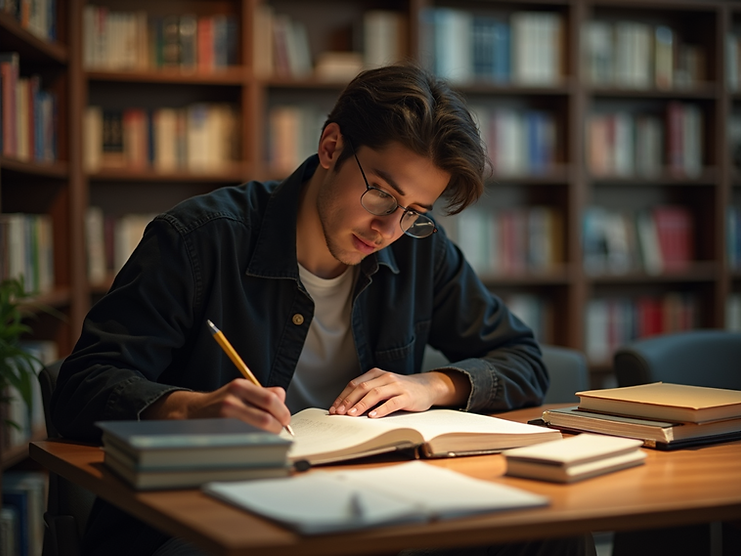 A-law-student-studying-intensely-in-a-library-setting-with-books-and-highlighters-scattere