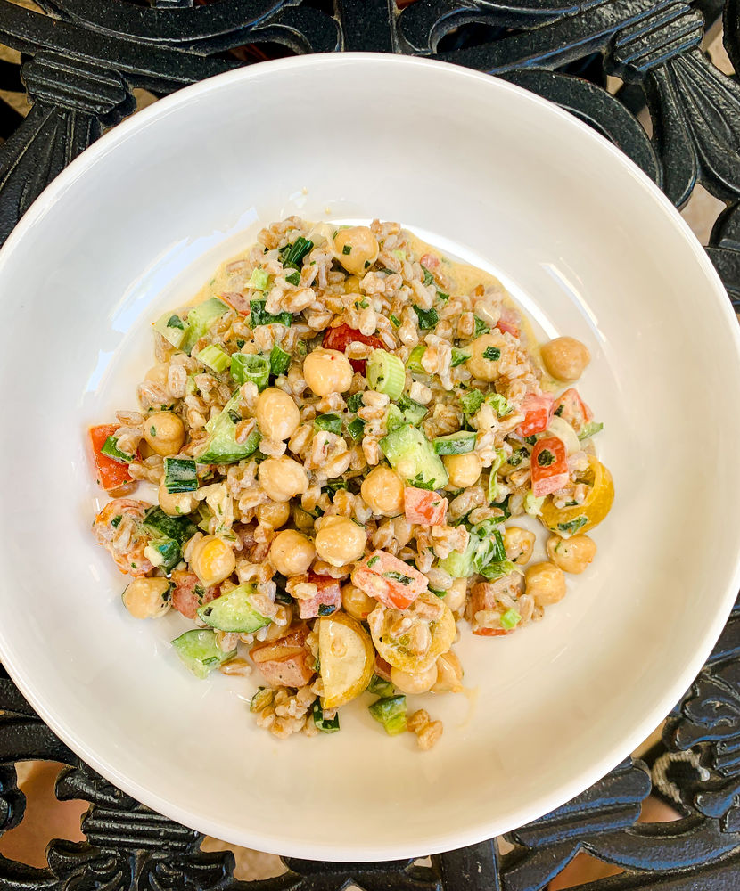 FARRO SALAD WITH BASIL TAHINI DRESSING