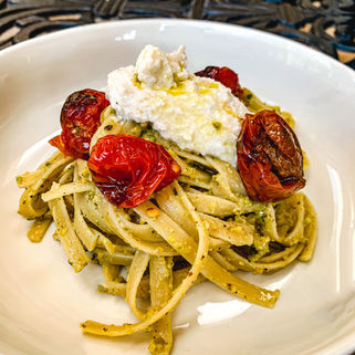 PISTACHIO PASTA WITH ROASTED TOMATOES AND TRUFFLE RICOTTA