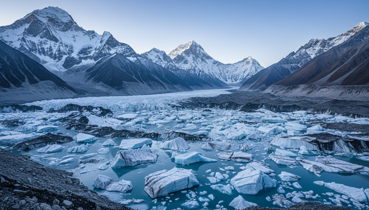 Vista panorámica de un valle glaciar en Nepal con hielo fracturado y montañas al fondo