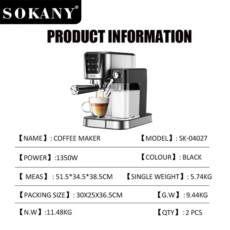 Thumbnail: SOKANY SK-04027 20Bar All-in-One Coffee Maker with 1.0L Water Tank, 700ML Milk