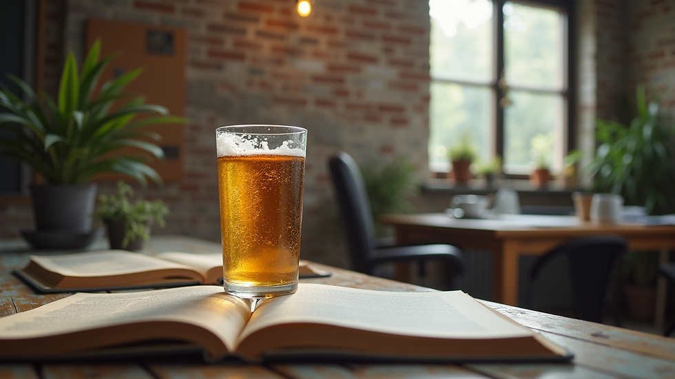 Eye-level view van een rustige werkplek met een kop thee en een boek over stressmanagement