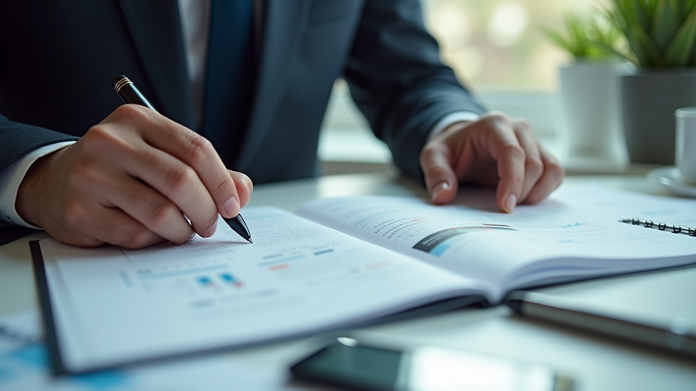 High angle view of a person reviewing business documents with a magnifying glass