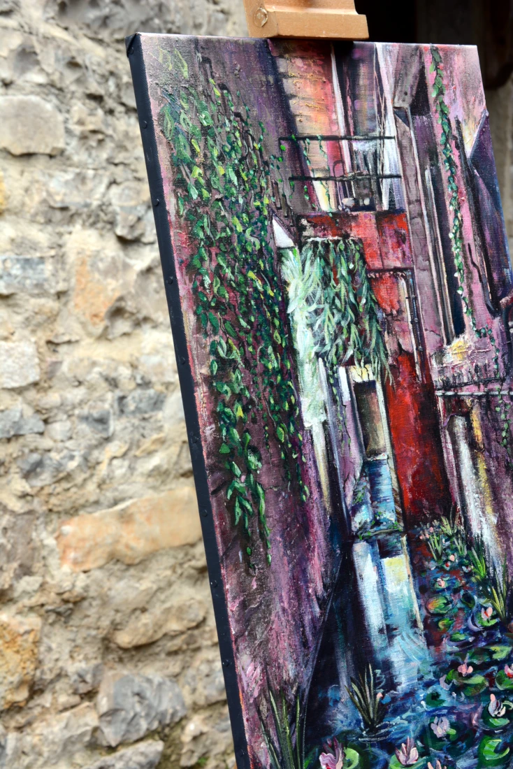 Peinture figurative contemporaine 'Memory of a red wall' par Bellule Art - vue de côté