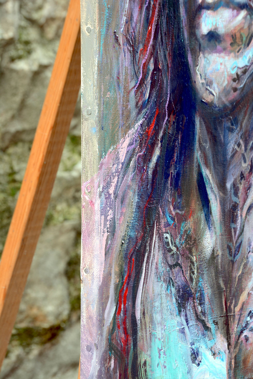 Miniature : Profil droit de la toile « Rooted Soul » : tranche peinte et matière, portrait ethnique contemporain Bellule Art
