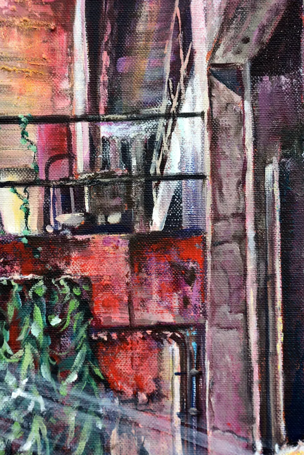 Miniature : Gros plan sur la peinture figurative 'Memory of a red wall' par l'artiste Bellule Art